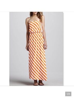 Susana Monaco Orange and White Diagonal-Stripe Strapless Maxi Dress
